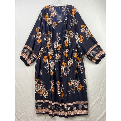 SHEIN Fit+ Floral Long Sleeve Dress Womens 28/30 Navy Blue Boho Border Print New