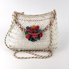 Vintage White Basket Weave Wicker Footed Handbag Purse