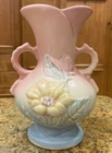 Vintage Hull Art Pottery 6.5" Yellow & Pink Flowers Double Handle Pink/Blue Vase