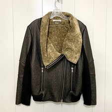 Ams Pure Black Vegan Leather Wool Mohair Fuzzy Lining Full Zip Jacket 10