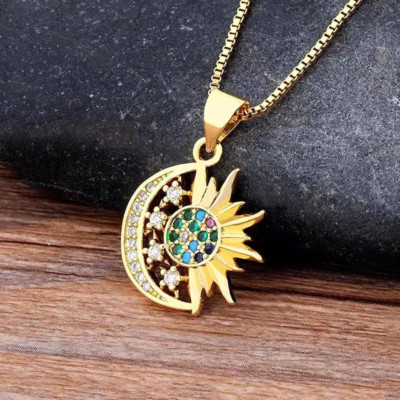 Women's Fashion Jewelry Cubic Zircon Gold Sun Moon Pendant Necklace 583