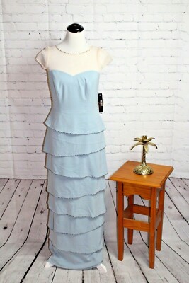 NWT ~Decode 1.8 Dusty Blue Mesh Layered Maxi Cap Sleeve Beaded Formal Gown Sz 6 