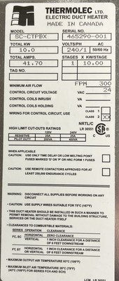 Thermolec SC-CTPX Electric Duct Heater 10KW 41.70 Amps 240 Volt 1 Phase FPM  300 | eBay