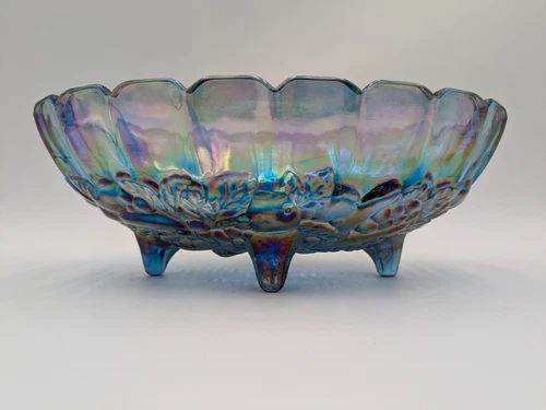 Vintage Indiana Carnival Glass Footed Fruit Bowl Irridescent Blue Muli-color💥
