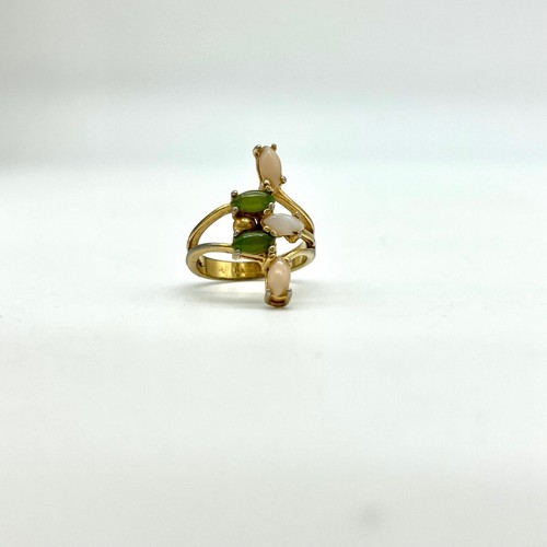 Vintage 14k Gold HGE Cocktail Ring with Green & Pink Cabochons Size 5.5