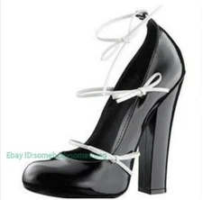 Women's Bowknot Bandage 12CM Chunky Heel Shoes Round Toe Lace Up Splicing Chic