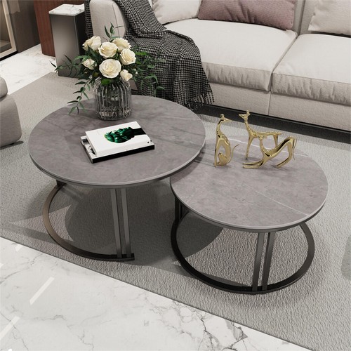 WISFOR Simple Nesting Table Circular Round Marble Tables Coffee Table White/Grey - Picture 5 of 19