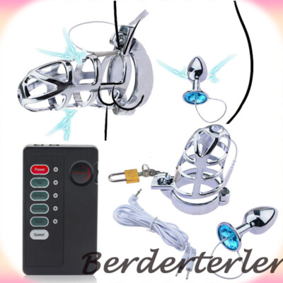 Men's Kit Metal Chastity Device Cage Lock Rings Electrical Stimulation Plug Men