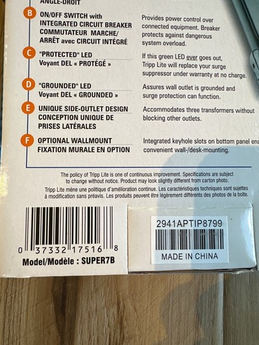 NEW - Tripp Lite | SUPER7B | Protect It 7 Outlets Surge Protector 7-ft Cord - Afbeelding 3 van 3