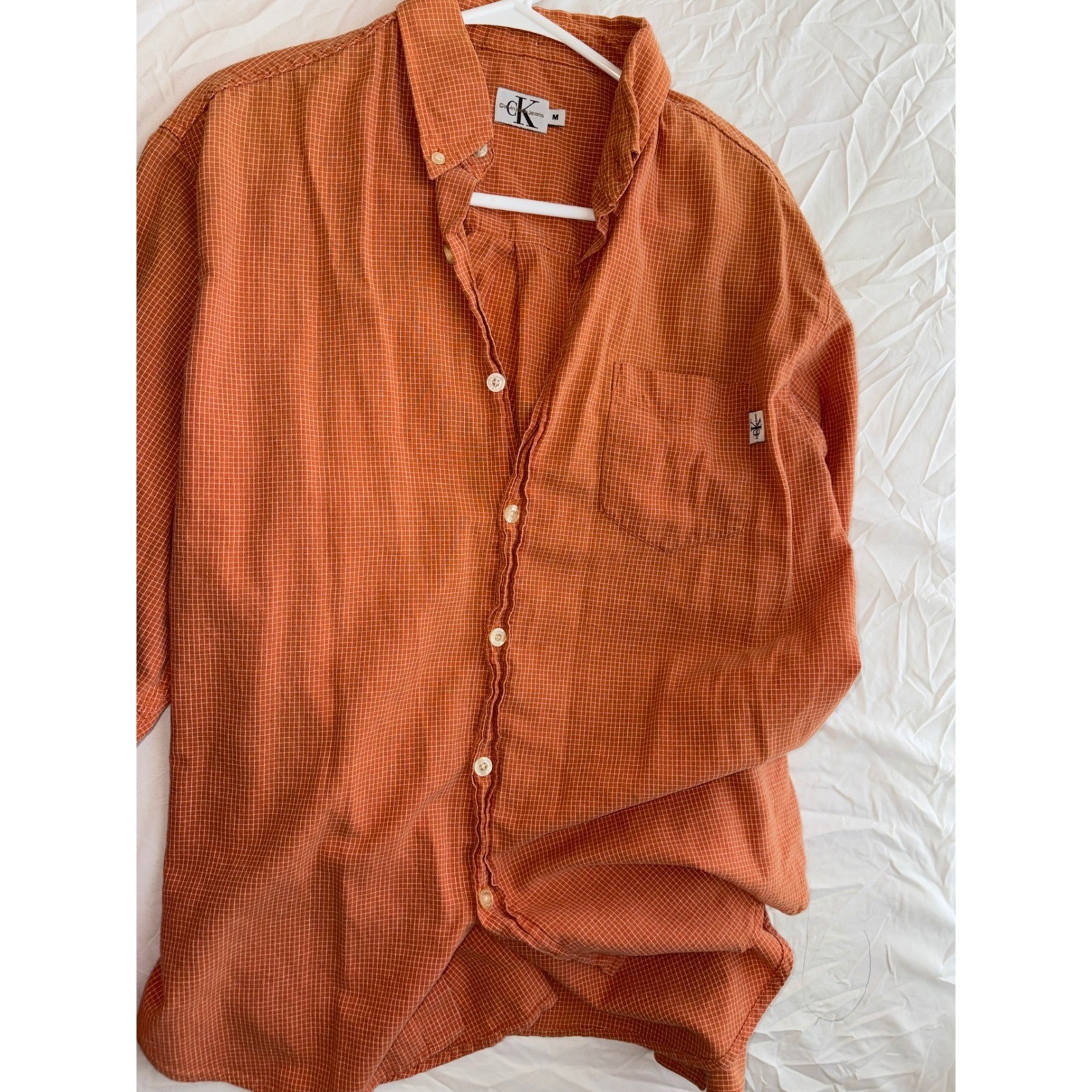 Mens Orange Micro Grid Check Button Down Shirt Sizem Vintage