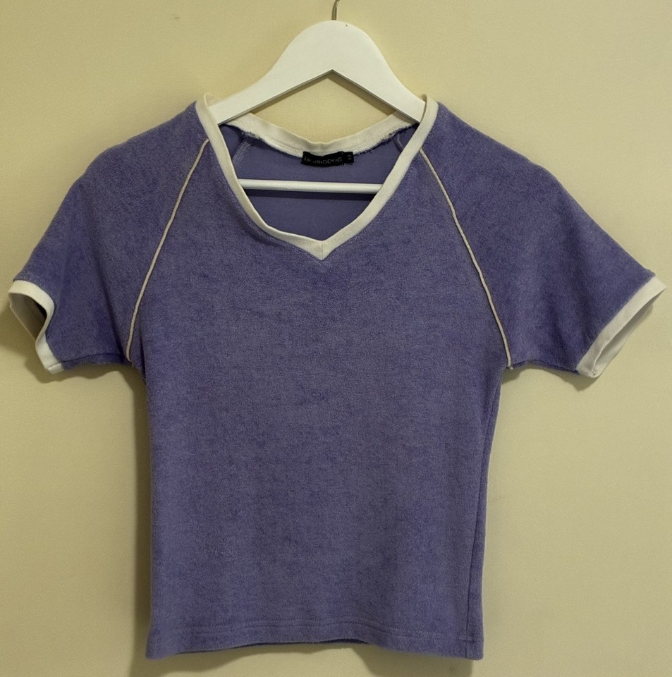 Vintage 90s Hound Dog Terry Towelling Top Purple Blue Ringer Raglan Tee Y2K