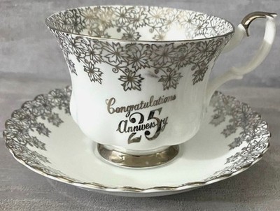 Royal Albert Teacup & Saucer Bone China Congratulations 25th Anniversary England