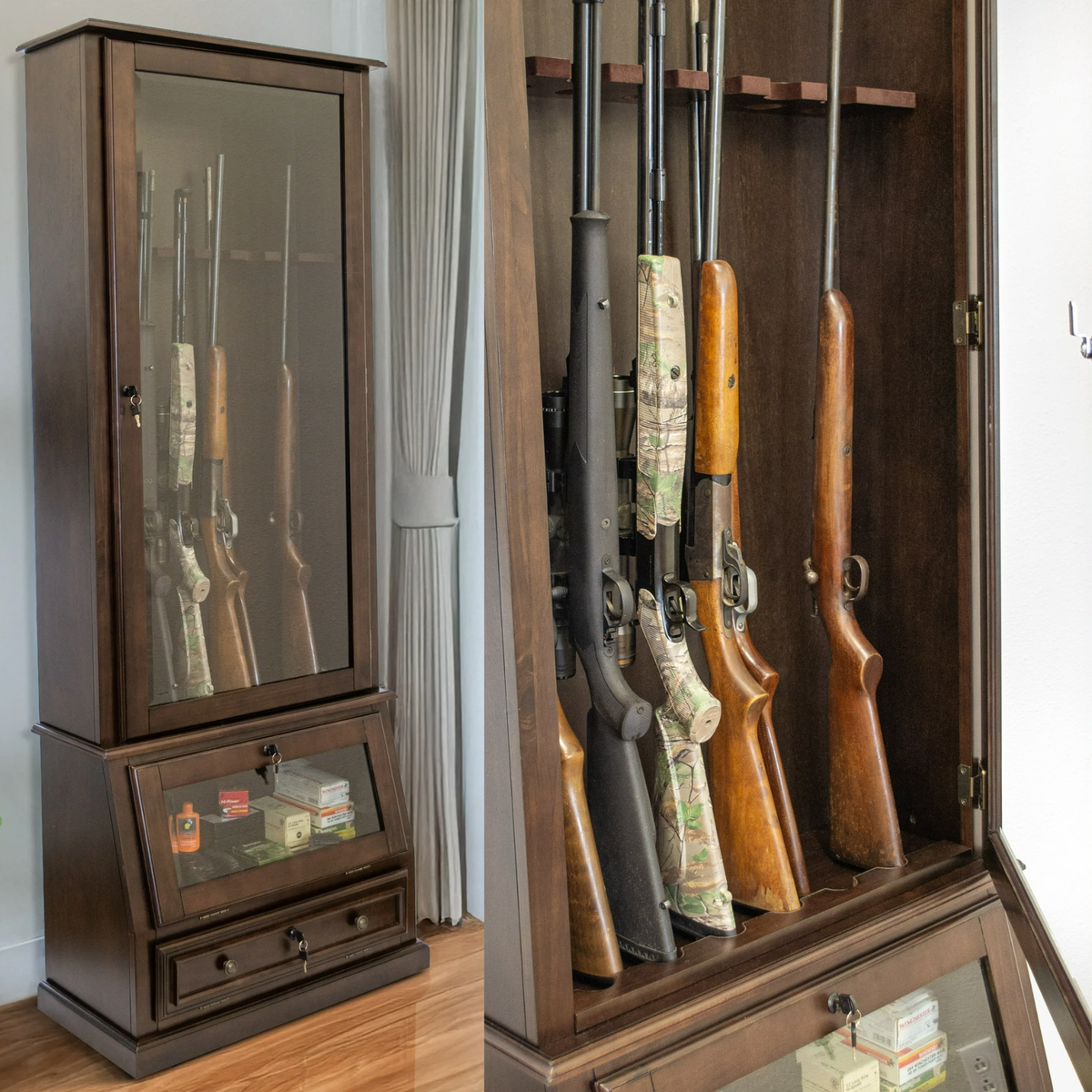 Gun Safe Cabinet 12 Rifles Brown Wood Storage Shotgun Lock Shelf