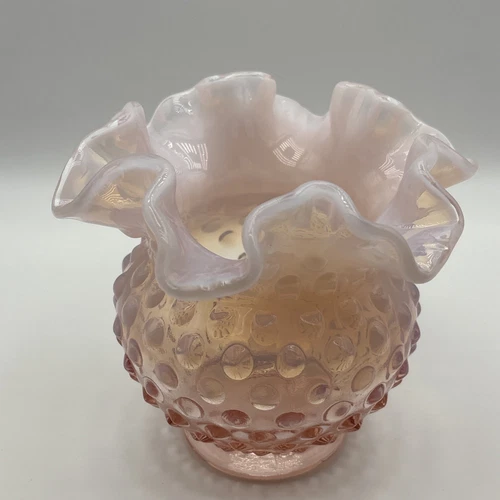 Vintage Fenton Pink Cranberry White Hobnail Opalescent Glass Vase Ruffled Edges