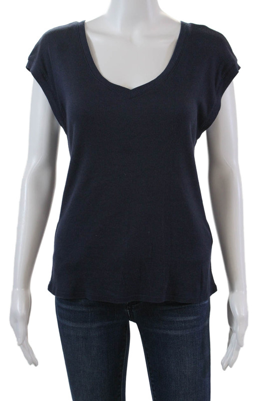 A.P.C. Womens Scoop Neck Ribbed Knit Cap Sleeve Tee Top Dark Navy Size XS