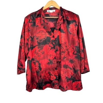 VTG Gloria Lance sz 3X Floral Print 3/4 Sleeve Satin boho button top glitter 90s