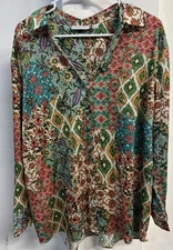 #2142 Susan Graver Regular Printed Stretch Charmuse Button Front Shirt SIZE L
