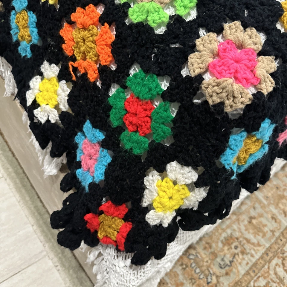 Núcleo de casa afgana vintage años 70 abuela cuadrado ganchillo 84”x90” tamaño reina hecho a mano Foto 4 de 4