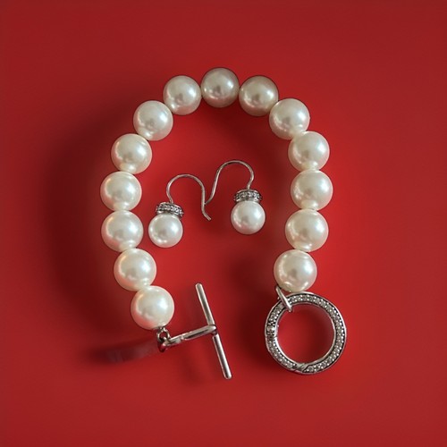 Ti Sento Milano pearl jewelry set sterling silver bracelet & drop earrings pavé
