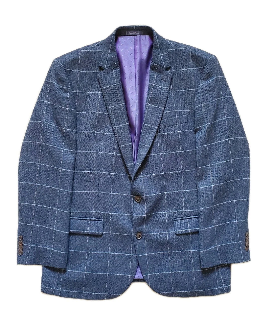 Samuel Windsor Blazer Jacket Mens UK 44 Blue Pure Wool Tweed Windowpane Check