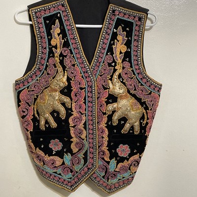 Vintage Beaded Elephant Vest Black Open Front Sleeveless Embroidered