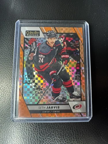2023-24 O-PEE-CHEE PLATINUM SETH JARVIS #91 BASE ORANGE CHECKERS 1/25 Hurricane
