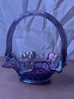 Fenton Purple Iridescent Hobnail Art Glass Hand Blown Handled Basket 4in