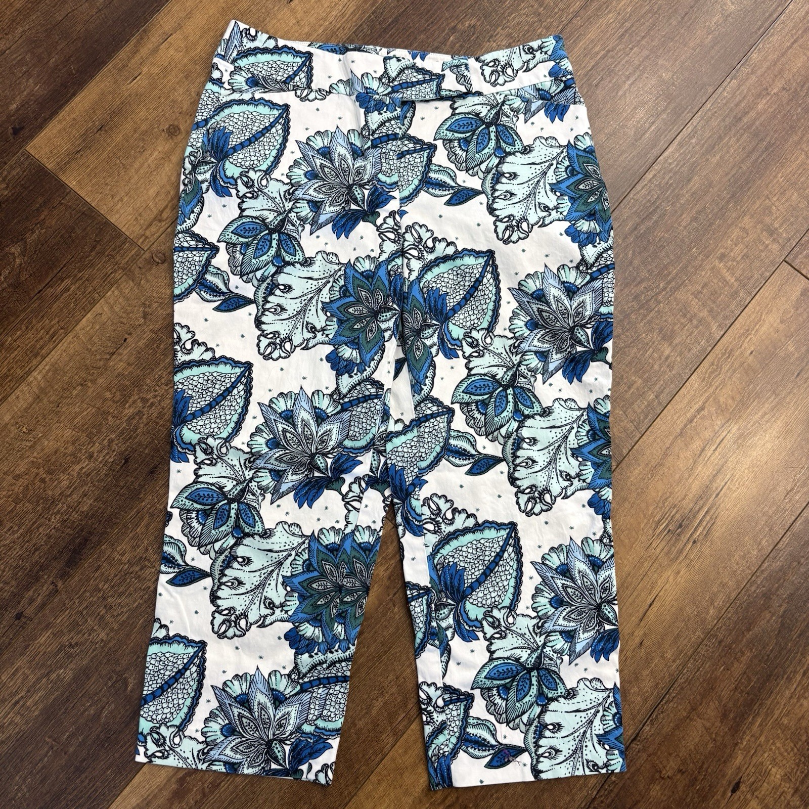 Ann Taylor Women’s Capri Cropped Pants White Blue Floral Paisley Size 8 Curvy