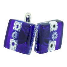 Murano Glas Manschettenkn&ouml;pfe blau wei&szlig; Millefiori Paar eckig