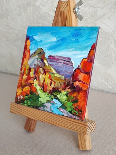 Original oil painting Zion Utah artwork National Park Landscape mini art 4*4 in - Picture 3 of 11