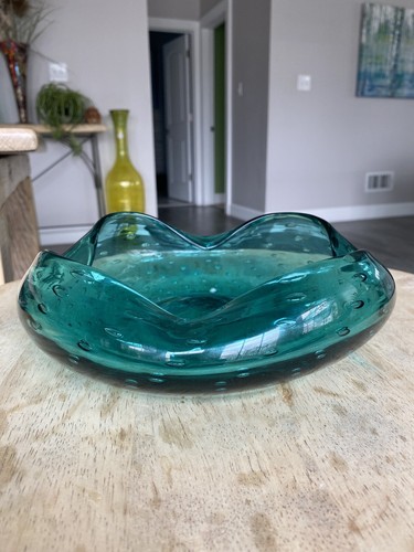 Aqua Blue Glass Bowl Art Controlled Bubbles Bullicante Key Decorative 9” Wide - Picture 15 of 16