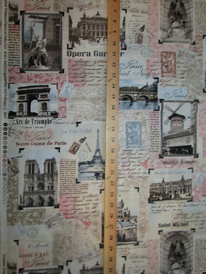 VINTAGE PARIS TRAVEL PINK EIFFEL TOWER COTTON FABRIC FQ