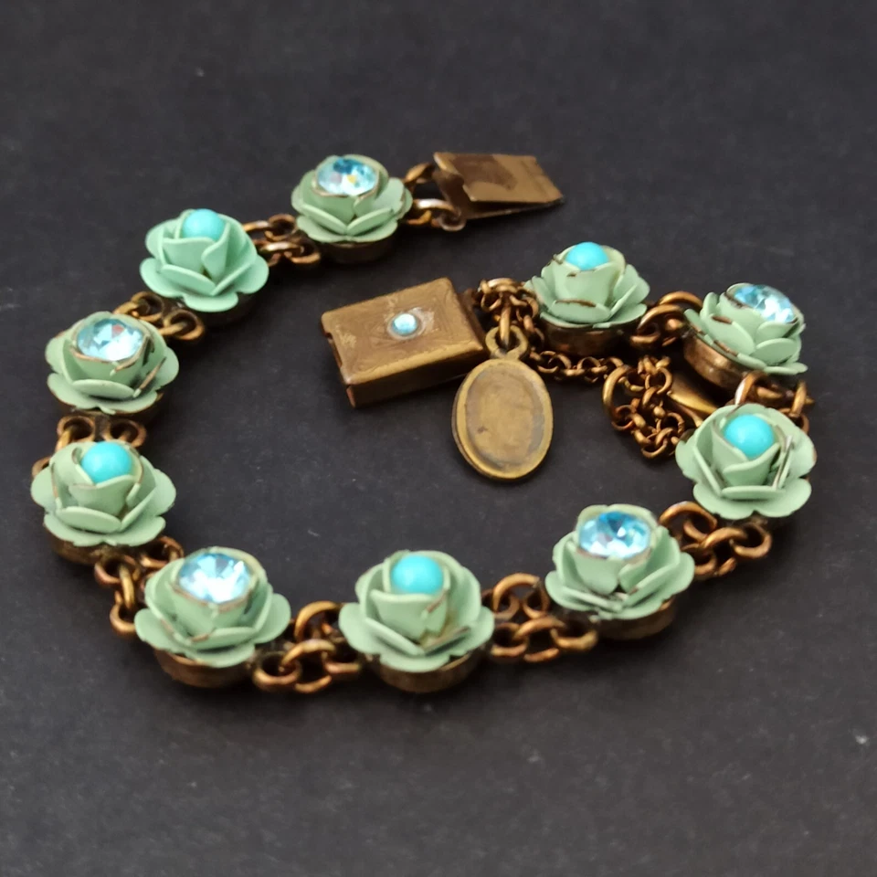 Michal Negrin Bracelet Pastel Turquoise Roses Shabby Enamel Crystals Victorian - Image 2 of 4