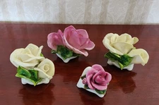 Vintage Dresden Fine Bone China Mini Flower Pink Pale Yellow Small Rose Set of 4