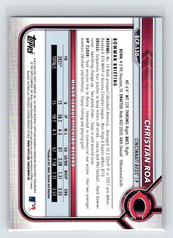 2022 Bowman - Chrome Prospects Christian Roa #BCP-130 (RC) Cincinnati ...