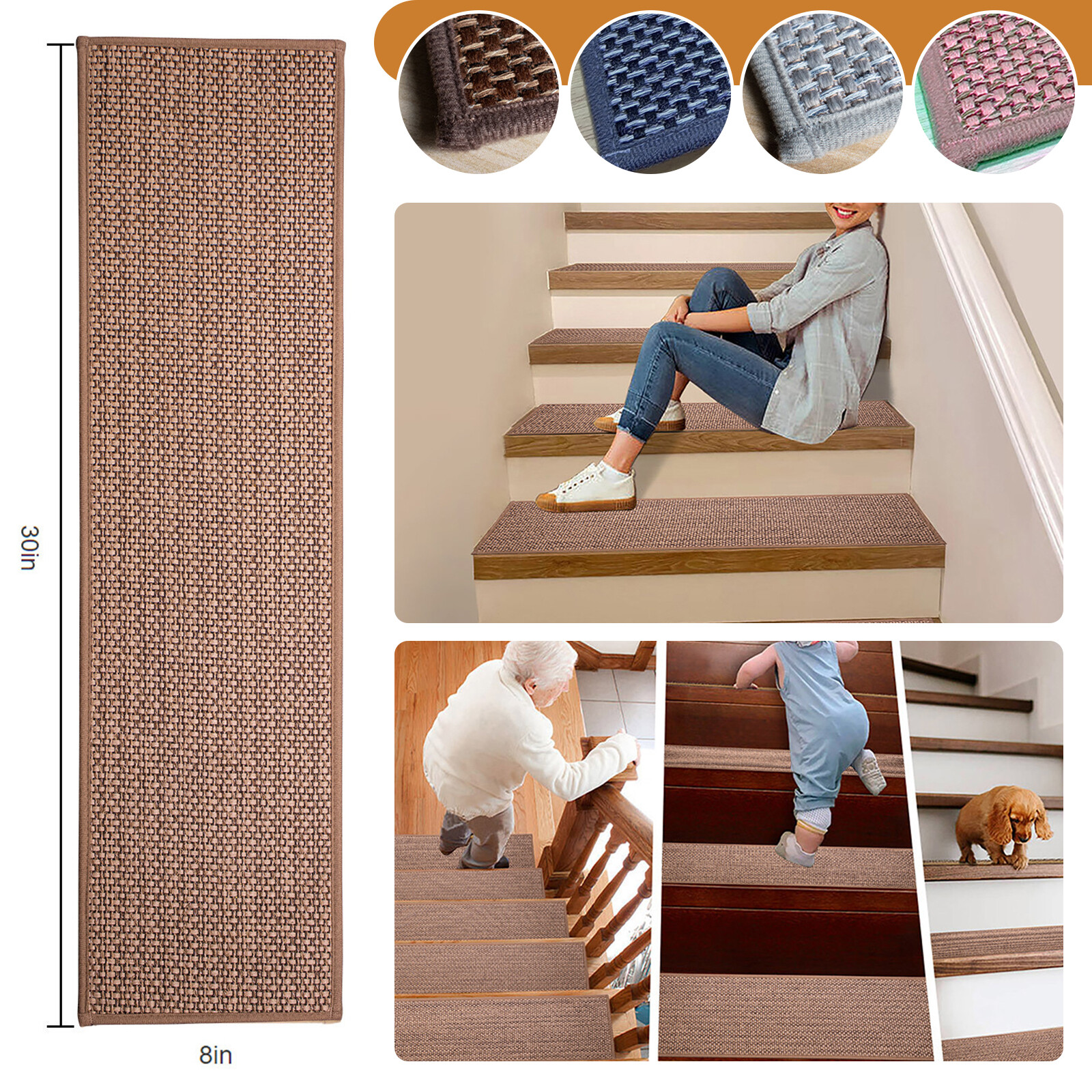 1-20pcs Natural Linen Stair Treads Anti-Slip Indoor Safety Stair Runner Carpet