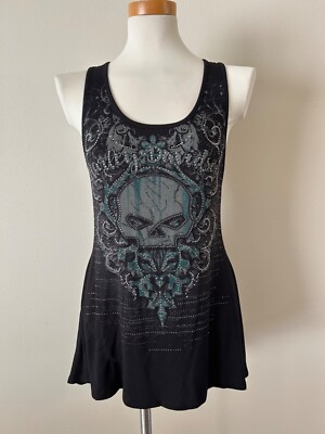 Harley Davidson Tank Top Skull Faux Rhinestones Bling Lace Back Size Small