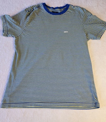 VTG 90s OBEY Blue Yellow Striped Medium 100% Cotton T Shirt Top Skater Y2K Tee - Picture 9 of 9