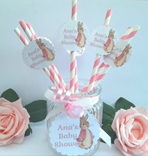 6 pajitas de conejito flopsy personalizadas, pajitas de baby shower flopsy, decoración de baby shower