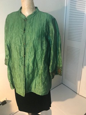 SZ 1X CITRON GREEN LINEN & NYLON TOP - METAL FROG  CLOSUR-2 BROKEN STONE BUTTONS