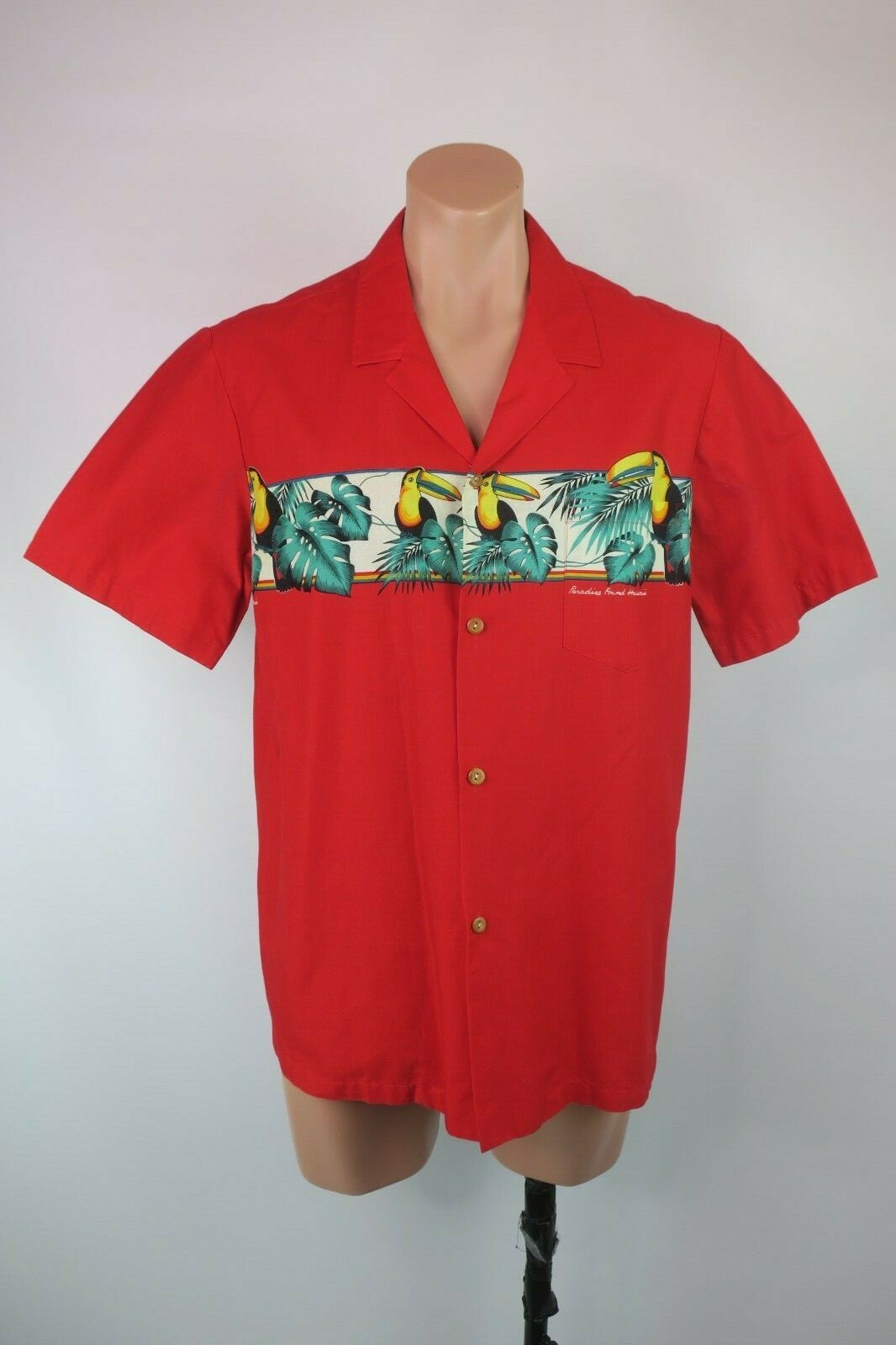 Red Vintage Tom Selleck Magnum P.I. Hawaiian Toucan PARADISE FOUND Button Up L