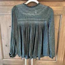 GENTLE FAWN-Green High Neck Victorian Long Sleeve Blouse Size S