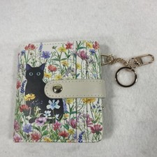 Black Cat in Flower Garden Bifold Wallet Card Holder Kitten Kitty Colorful Cute