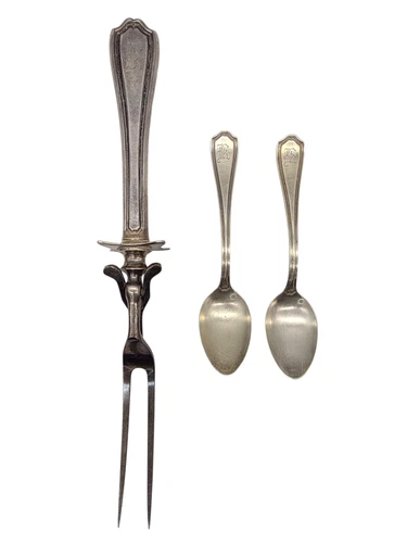 Hepplewhite Reed Barton? Sterling silver spoons and a Carving Fork w Monograms