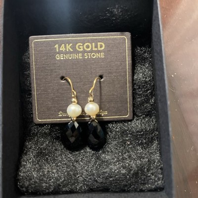 Ohrringe 14 Karat Gold Onyx & Perlen Ohrhänger - neu nie getragen
