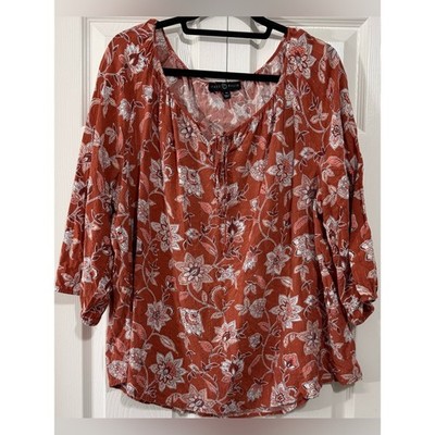 Fred David 2X Boho Floral Peasant Blouse Rust Terracotta Pink Lightweight Top