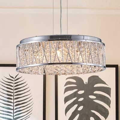 19'' K9 Crystal Chandelier Modern Round Hanging Lamp Chrome Pendant Light Fixture