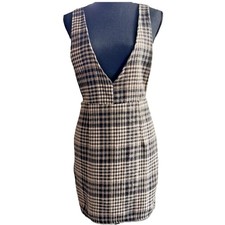 Women's Houndstooth Plaid Pinafore Dress Size 5 Black Beige Brown Academia Prep