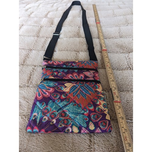 Purple Quilted Peacock Floral Paisley Crossbody Bag Small Travel Purse Multi-Zip