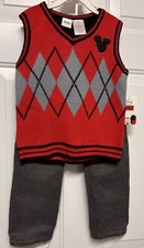 Boys Pants,  Vest Size 4T Disney Logo Red Argyle Vest Corduroy Pants NWT